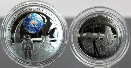 2019 $5 Moon Landing 1oz silver coin and 2019 Apollo 11 clad half dollar