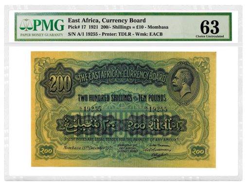 1921 200 Shillings or 10 Pounds, Pick #17, graded PMG 63 Choice Uncirculated