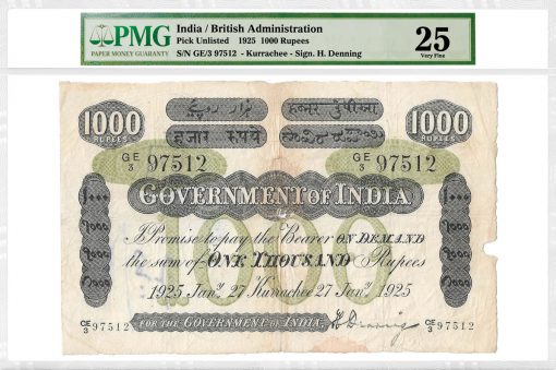 1925 British India 1000 Rupees Note Graded PMG 25 Very Fine