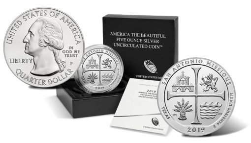 2019-P San Antonio Missions Five Ounce Silver Uncirculated Coin - Sides and Packaging