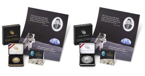Apollo 11 50th Anniversary 2019 Proof $5 Gold Coin and Silver Dollar and Kennedy-Apollo 11 Intaglio Print