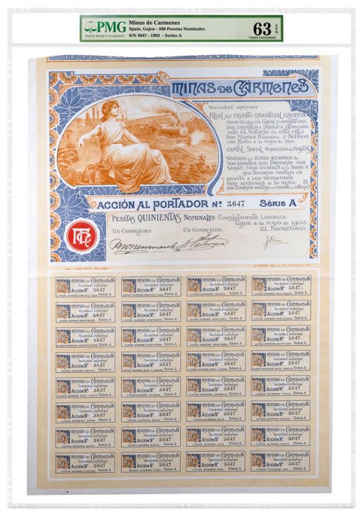 1903 Spain Gajon 500 Pesetas Nominales Minas De Carmenes Series A
