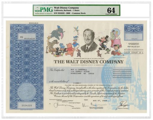 2008 Walt Disney Company Common Stock Certificate