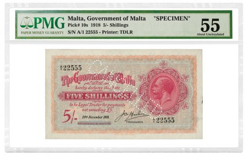 Malta 1918 5 Shillings Specimen graded PMG 55 About Uncirculated