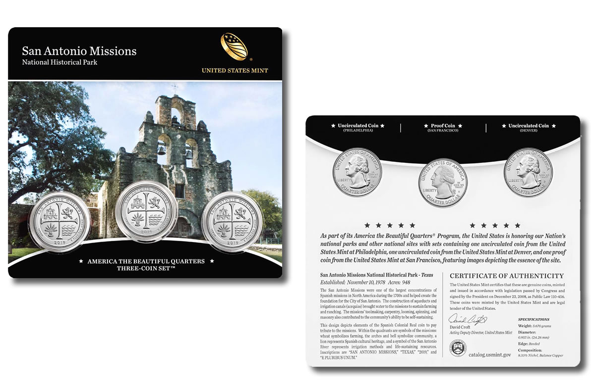 2019 P,D,S BU San Antonio Missions San Antonio Texas National Park NP Quarter Choice Uncirculated US Mint 3 Coin Set 