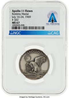 Apollo 11 Flown MS67 NGC Sterling Silver Robbins Medallion, Serial Number 332