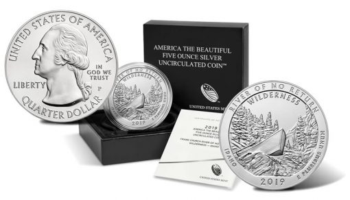2019-P Frank Church River of No Return Wilderness Five Ounce Silver Uncirculated Coin - Sides and Packaging