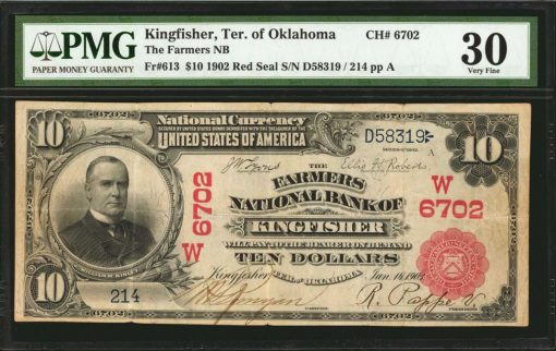 Kingfisher, Territory of Oklahoma. $10 1902 Red Seal. Fr. 613