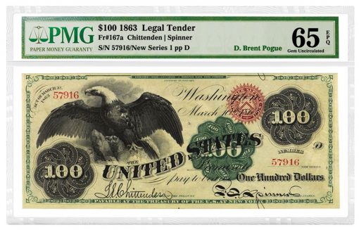 1863 'Spread Eagle' $100 Legal Tender Note, Fr. 167a, is graded PMG 65 Gem Uncirculated EPQ