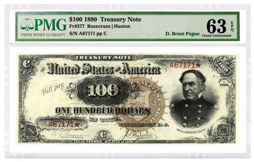 1890 Watermelon $100 Treasury Note, Fr. 377, is graded PMG 63 Choice Uncirculated EPQ