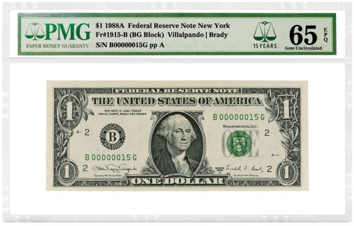 1988A $1 Federal Reserve Note New York, graded PMG Gem Uncirculated 65 EPQ