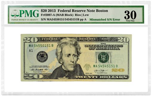 2013 $20 Federal Reserve Note Boston Mismatched Serial Number