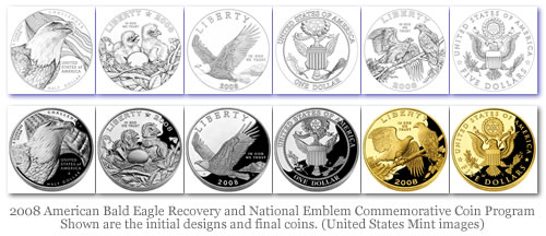 2008 American Bald Eagle Recovery and National Emblem Commemorative Coin Program Shown are the initial designs and final coins. (United States Mint images)