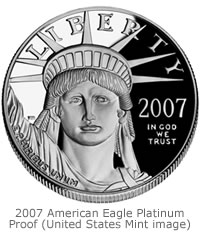 This 2007 American Eagle Platinum Proof coin is an example of one coin included in the new 10th Anniversary American Eagle Platinum Set. The other coin is an enhanced reverse proof American Eagle Platinum (no picture available).