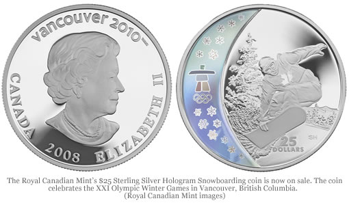 $25 Sterling Silver Hologram Snowboarding Coin from the Royal Canadian Mint