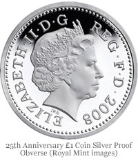 25th Anniversary £1 Coin Silver Proof Obverse