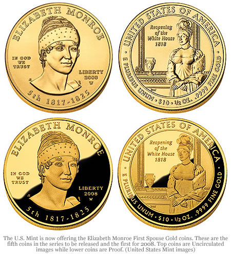 Elizabeth Monroe First Spouse Gold Coins