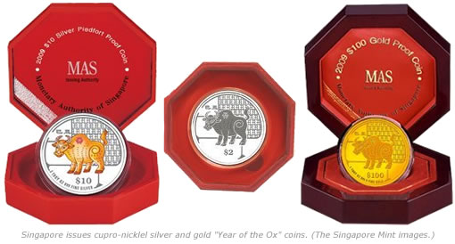 Singapore Issues cupro-nickel, silver and gold "Year of the Ox" coins. 
