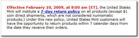 US Mint 7-Day Return Notice