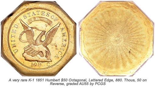 K-1 1851 Humbert $50 Octagonal Territorial Gold Coin