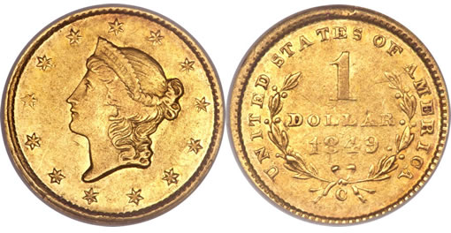 1849-C Open Wreath gold dollar