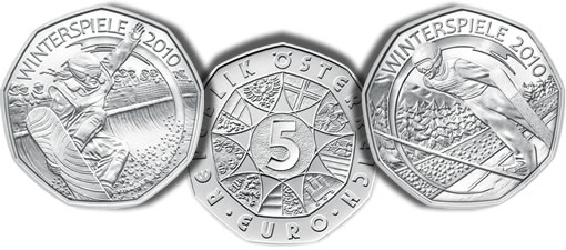 Austrian 5 Euro Snow-Boarding and Ski-Jumping 2010 Winter Games Silver Coins