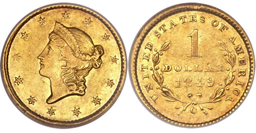 1849-C Open Wreath Gold Dollar