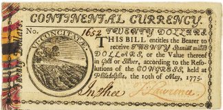 Continental Currency Featured in Heritage Boston ANA Auction 1775 $20 Continental Currency Bill
