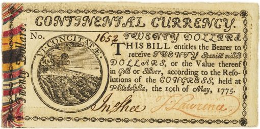 1775 $20 Continental Currency Bill