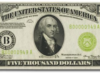 Collector Wins ANA Contest, Guesses Price of Rare 1934 $5000 Bill $5,000 1934 Federal Reserve Note