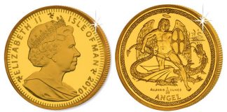 2010 Gold Coin Features Archangel Michael Slaying Dragon 2010 Isle of Man Christmas Angel Gold Coin