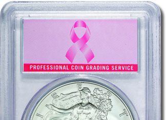 Goldline and PCGS Honor Breast Cancer Awareness Month with Pink Ribbon Coin Program 2010 Silver Eagle Pink Ribbon Label