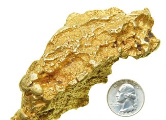 Gold Nugget and Historic Bank Notes Featured in Pre-Long Beach Auction The Fullerton Boulder next to 25c