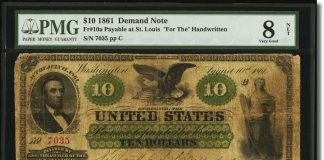 Discovered 1861 Note Realizes $109,250 in Heritage Tampa FUN Currency Auction $10 1861 Demand Note