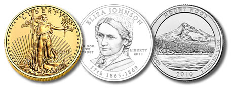 Uncirculated Gold Eagle, Eliza Johnson Gold Coin Design, Mount Hood Quarter