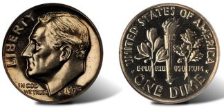 1975 S-Less Proof Roosevelt Dime for Auction by Stack’s Bowers at ANA World’s Fair of Money 1975 Proof Dime Without S Mintmark