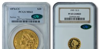 Anacapa Collection Offered in GreatCollections August 2011 U.S. Gold Coins Auction 1876-CC Liberty Double Eagle and 1905 Liberty Quarter Eagle Gold Coins