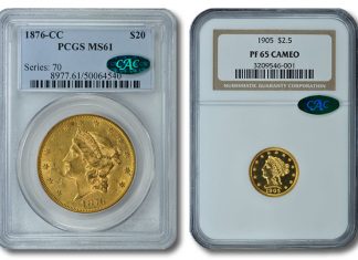 Anacapa Collection Offered in GreatCollections August 2011 U.S. Gold Coins Auction 1876-CC Liberty Double Eagle and 1905 Liberty Quarter Eagle Gold Coins