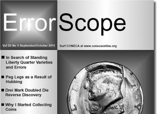 CONECA ErrorScope Issue Features Doubled Die Cent, Double Struck JFK CONECA ErrorScope Sep-Oct 2011 Cover