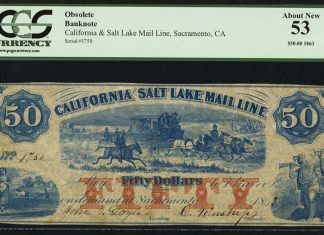5,600+ Rare Currency Lots Featured in Heritage September Long Beach Auction Salt Lake City, UT- California and Salt Lake Mail Line $50 1863