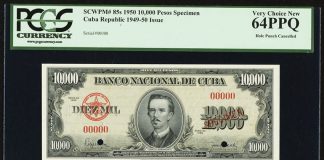 Small Size and Error Notes Led in Heritage September Long Beach Currency Auction Cuba Republic 10,000 Pesos 1950 Pick 85s Specimen
