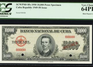 Small Size and Error Notes Led in Heritage September Long Beach Currency Auction Cuba Republic 10,000 Pesos 1950 Pick 85s Specimen