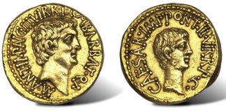 Roman “Ides of March” Ancient Coin Sets Record at Heritage Long Beach Auction ancient gold aureus of Marc Antony and Octavian