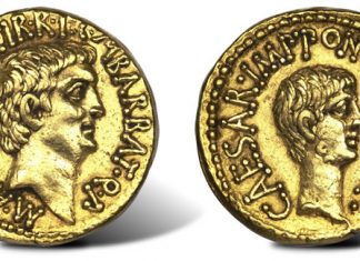 Roman “Ides of March” Ancient Coin Sets Record at Heritage Long Beach Auction ancient gold aureus of Marc Antony and Octavian