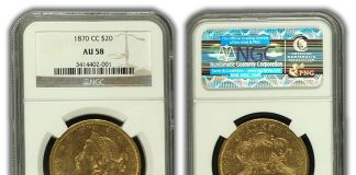 Finest Known 1870-CC $20 Liberty Double Eagle Gold Coin Stolen 1870-CC $20 Liberty Double Eagle Gold Coin