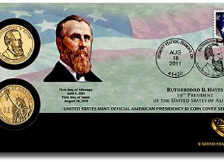 US Mint Sales: Silver Products Return, Hayes Dollar Covers Debut Hayes Presidential Dollar Coin Cover