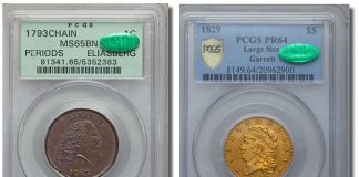 PCGS-Certified Coins Set Records in Heritage’s $55.8M+ FUN US Coin Auction 1793 Chain cent PCGS MS65 Brown and 1829 $5 PCGS Secure Plus PR64
