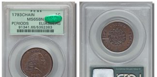PCGS-Certified 1793 Chain Cent Sets $1.38M Record in Heritage’s FUN Auction 1793 S-4 chain cent, PCGS MS65