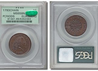 PCGS-Certified 1793 Chain Cent Sets $1.38M Record in Heritage’s FUN Auction 1793 S-4 chain cent, PCGS MS65