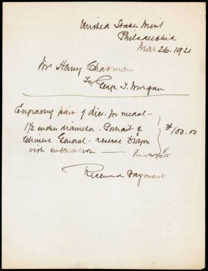 Handwritten document from the U.S. Mint dated March 26, 1921